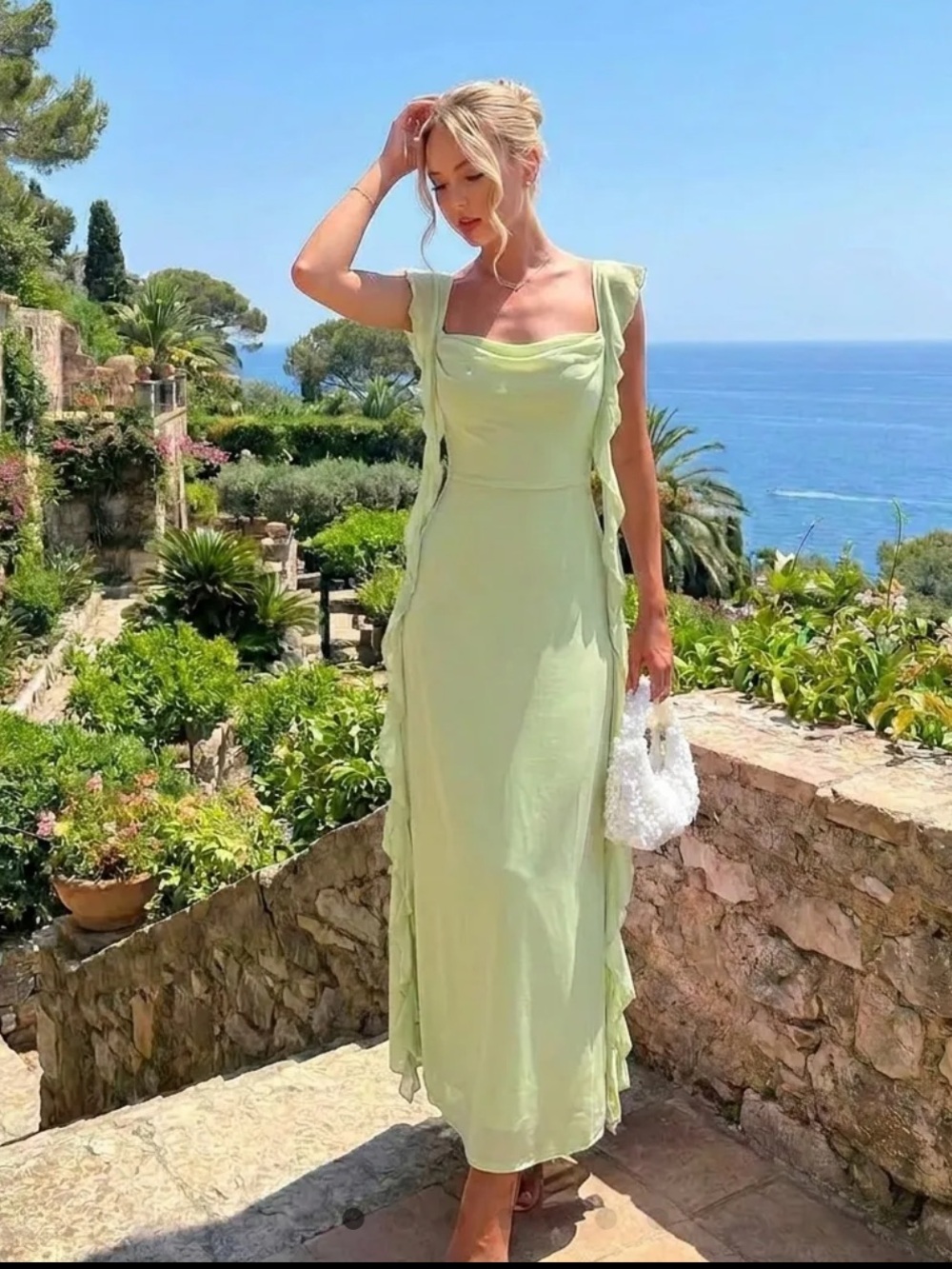 Cider Pastel Green Ruffle-Trim Maxi Dress